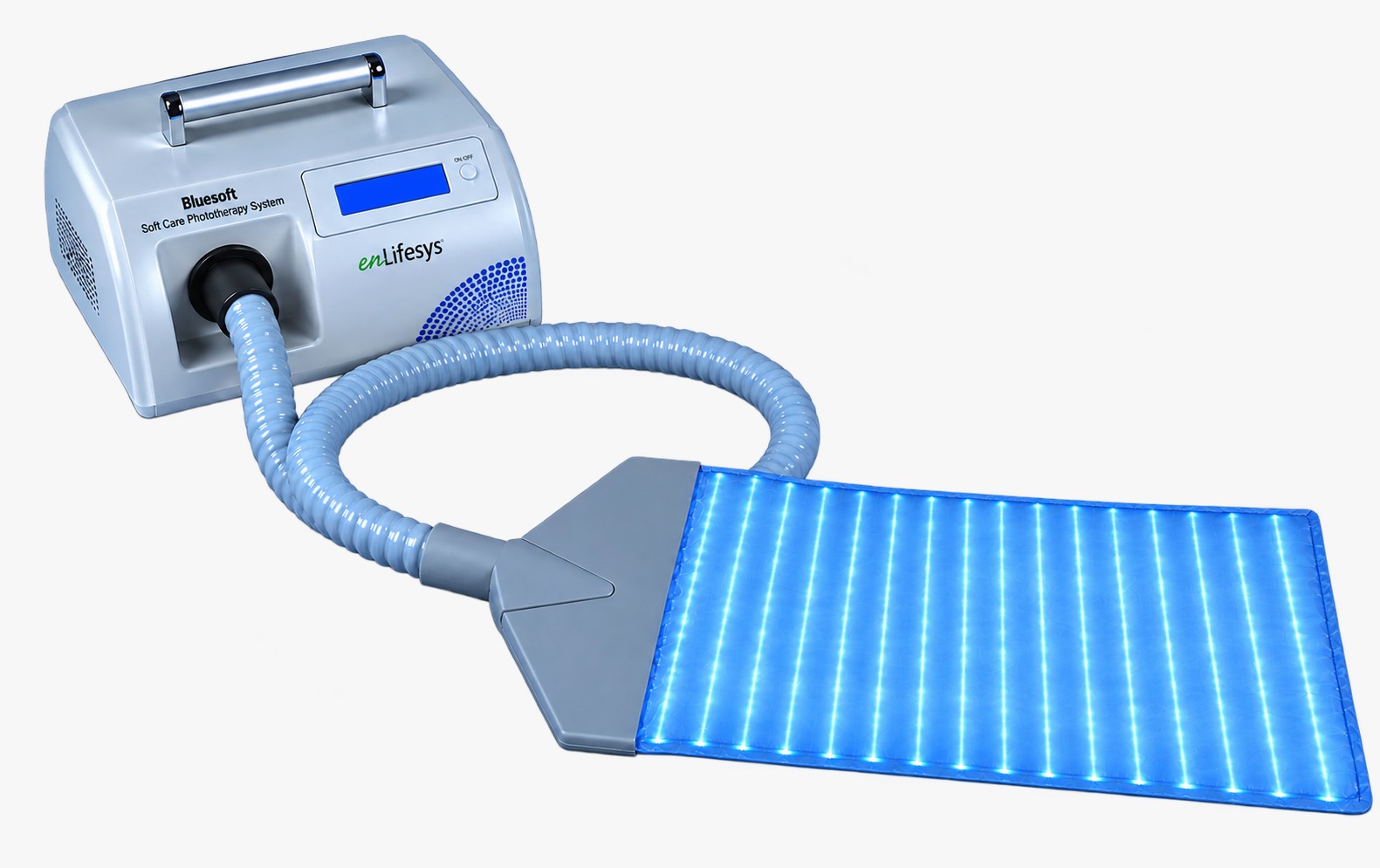 enLifeSys BiliBlanket fibre-optic phototherapy pad, glowing blue, connected to its control unit
