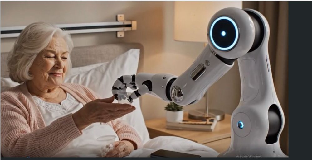 EYVA robotic nursing assistant — an AI-guided robotic arm beside a hospital bed, handing medication to a patient