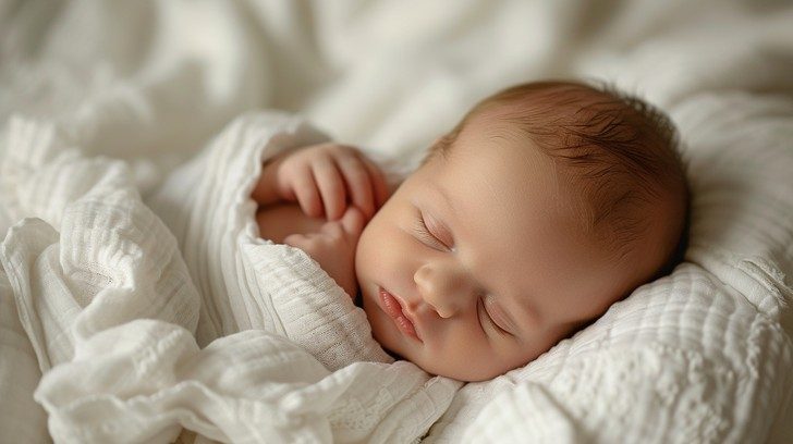 Newborn baby sleeping peacefully, wrapped in a soft white blanket